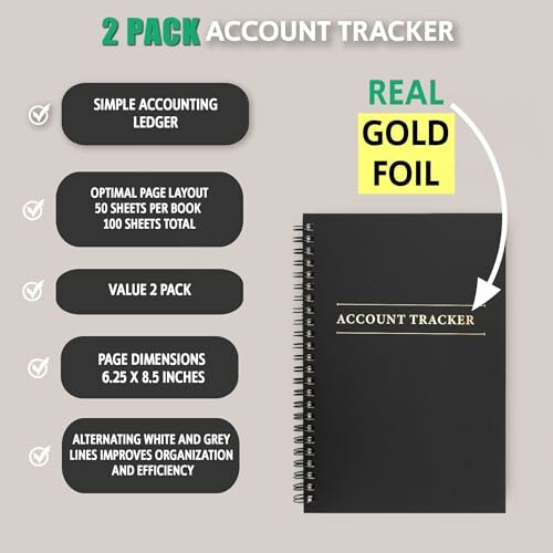 Account tracker notebook with features and gold foil text.