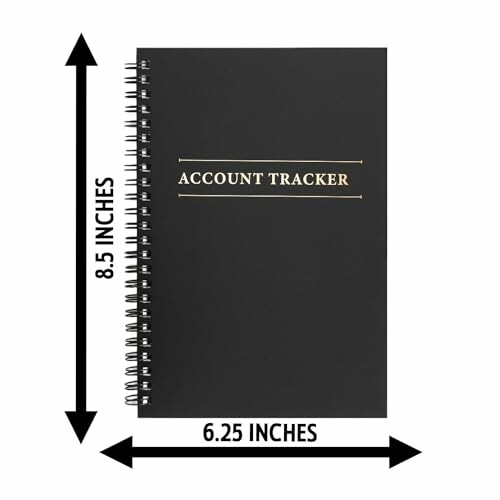 Black account tracker notebook with dimensions 8.5 x 6.25 inches.