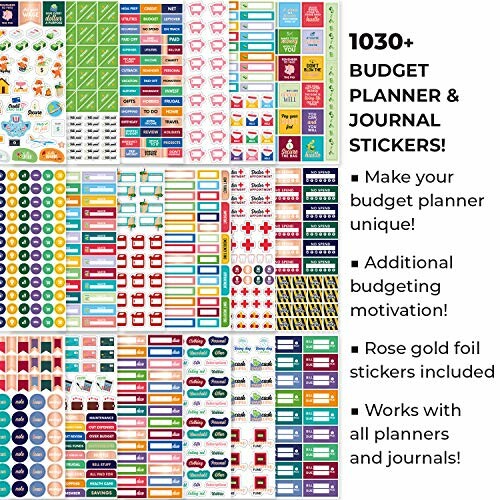 Assorted budget planner and journal stickers with motivational texts and icons.