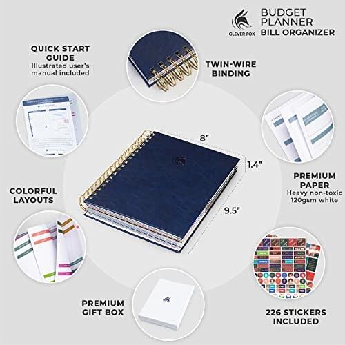 Budget planner with features like twin-wire binding, premium paper, colorful layouts, gift box, and stickers.