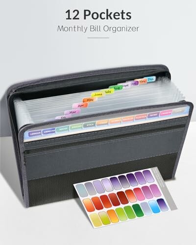 12-pocket monthly bill organizer with colorful tabs and labels