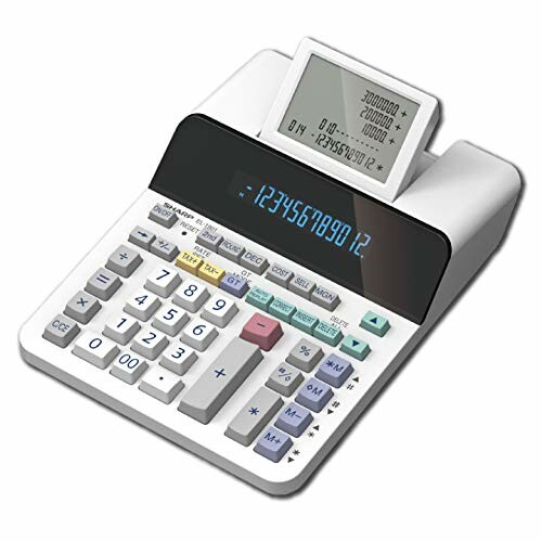 Desktop printing calculator with digital display and keypad.