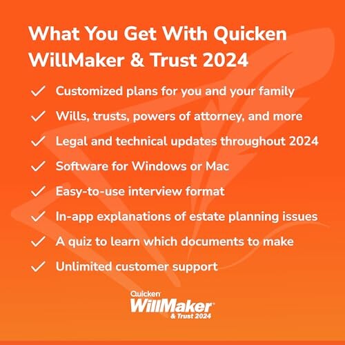 Quicken WillMaker & Trust 2024 features list on orange background.