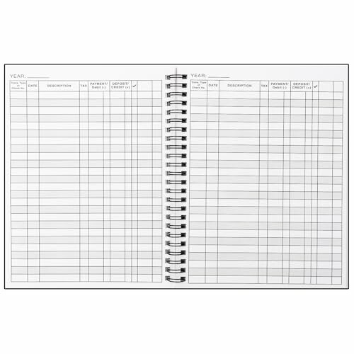 Open spiral-bound ledger book with columns for date, description, payment, deposit, and balance.