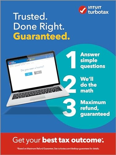 TurboTax ad highlighting guaranteed tax outcomes with laptop showcasing simple tax questions.