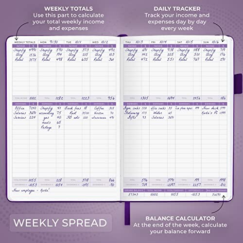 Open weekly planner with income and expense tracker on purple background.