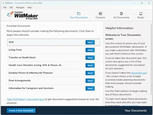 Screenshot of Quicken WillMaker software interface displaying essential document options.