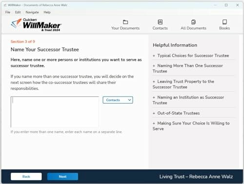 WillMaker software screen for naming successor trustee